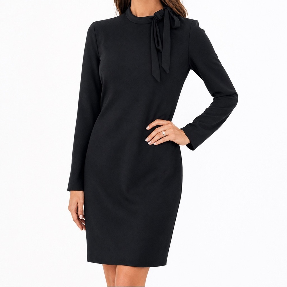 Calvin Klein Black Tie Neck Dress Size 4 Long Sleeve Sheath Career